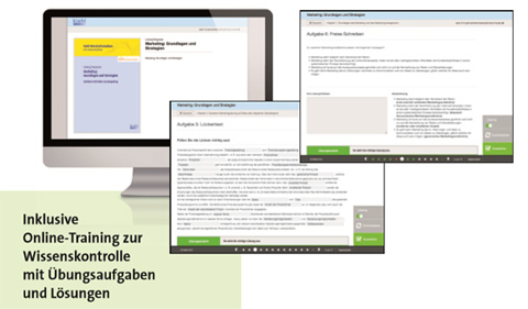Drei Screenshots des Online-Trainings Marketing der Reihe Kiehl Wirtschaftsstudium.