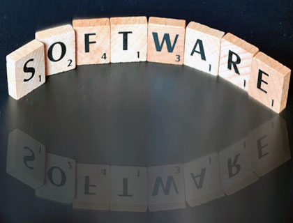 Aus Buchstabenplättchen ist das Wort Software aufgestellt worden und spiegelt sich im dunklen Tisch.