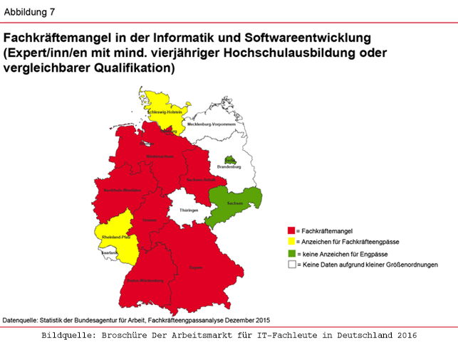 Deutschlandkarte zeigt Fachkräftemangel in der Informatik und Softwareentwicklung anhand der Bundesländer