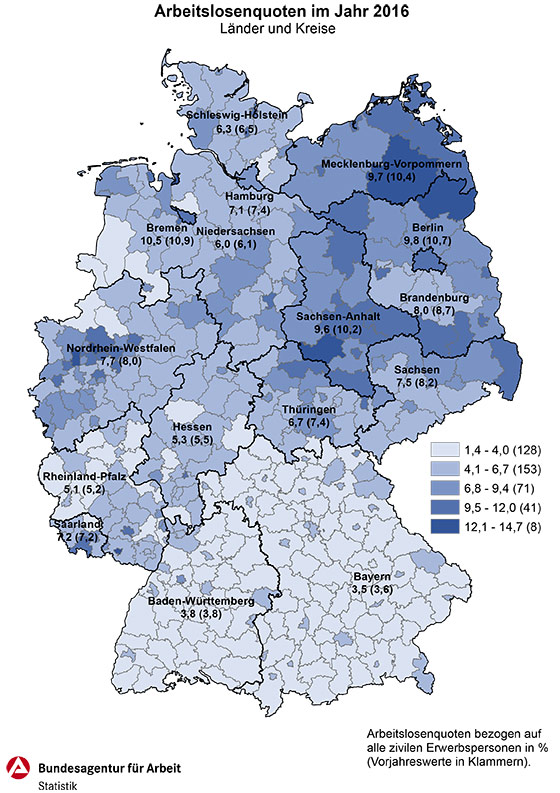 Arbeitslosenquoten in Ländern und Kreisen in Deutschland im Jahresdurchschnitt 2016
