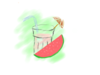 Ein gemaltes Bild auf weißem Hintergrund zeigt ein Getränk , ein Strohhalm, ein Schirmchen und eine Melone.