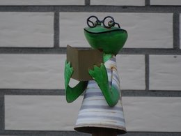 Ein Frosch mit Brille aus Metall hält ein Buch in der Hand und steht vor einer Hauswand.