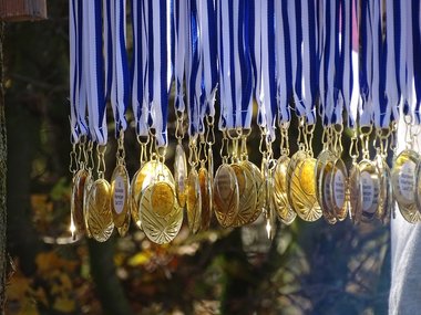 Eine Reihe von etwa dreißig Medallien die an blauweißen Bändern nebeneinander hängend in der Sonne glänzen.