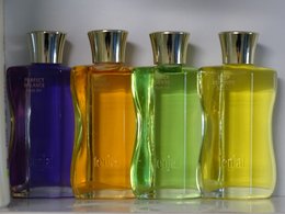 Vier Duschgelglasflaschen von Fenjal in lila, orange, grün und gelb.