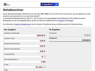 Screenshot vom Brutto-Netto-Gehaltsrechner der Internetseite n-heydorn.de