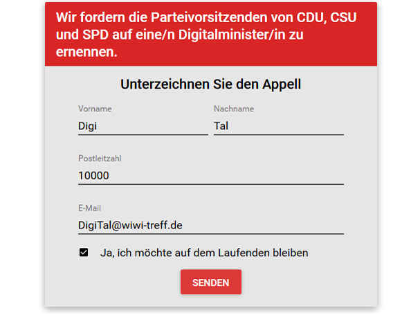 Formular der Petition für ein Digitalminististerium in Deutschland