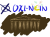 Eine zeichung der Akropolis auf einem braunen Fleck und der Überschrift: Oxi-Nein, mit Geldscheinen, einem Eurozeichen als -e- und einem Wahlkreuz.