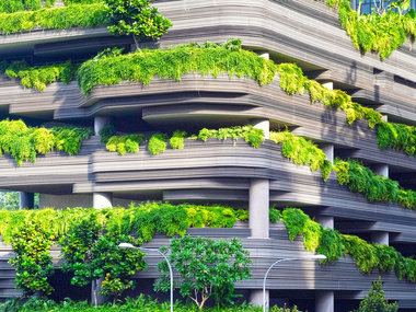 Ein mit grünen Pflanzen bewachsenes Firmengebäude steht für das Thema Nachhaltigkeit und "grünes Marketing".