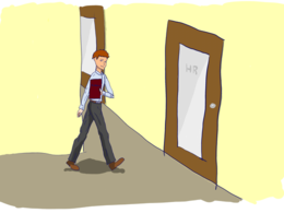 Cartoon zeigt einen Personaler mit einer Bewerbungsmappe in der Hand auf dem Weg in sein Büro.