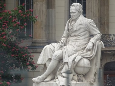 Eine Statue des Begründers der  Humboldt-Universität aus Stein neben einem rot blühenden Busch.
