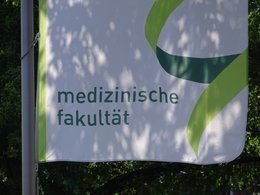Medizinstudium: Das untere Ende einer Fahne mit der Aufschrift: medizinische Fakultät in grüner Schrift.