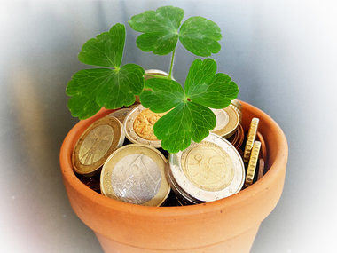 Kapitalbildende Versicherungen: Euromünzen in einem Blumentopf mit einem Pflanzenspross.