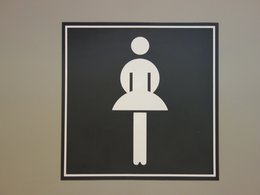 Ein graues Schild mit einem Symbol für eine Damentoilette.
