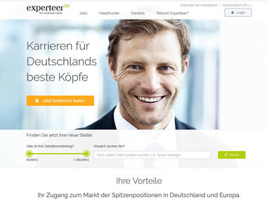 Screenshot der Website experteer.de einem Stellenmarkt für Spitzenpositionen und Führungskräfte.