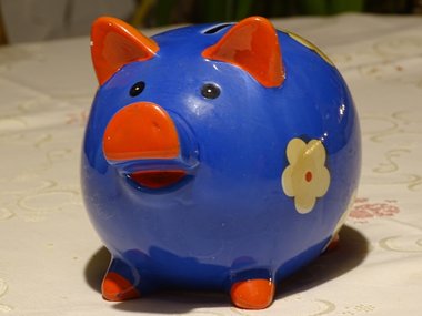 Ein blaues Sparschwein mit roten Ohren, Nase und Füßen und einer gelben Blume auf der Seite.
