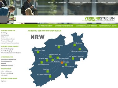 Screenshot der Internetseite zum Verbundstudium der Fachhochschulen in Nordrhein-Westfalen (NRW) zum Verbundstudiengang Technische Betriebswirtschaft.