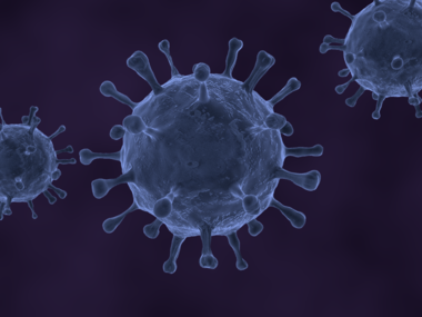 Drei Viren-Zellen unterm Mikroskop in lila gehaltenen Farben.