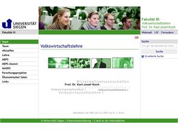 Screenshot der Internetseite vom Lehrstuhl für Volkswirtschaftslehre (VWL) von Prof. Dr. Karl-Josef Koch an der Unisversität Siegen.